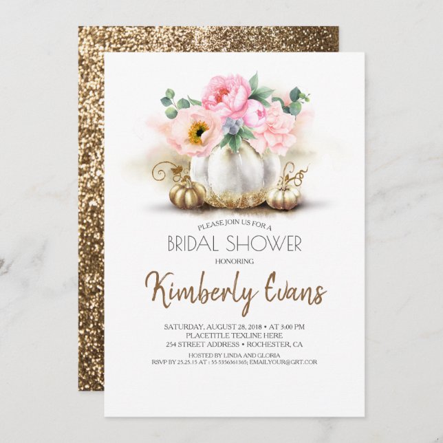 Gold Pumpkin Blush Pink Floral Fall Bridal Shower Invitation (Front/Back)