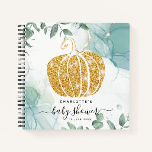 Gold Pumpkin Fall Green Baby Shower Guestbook Notebook