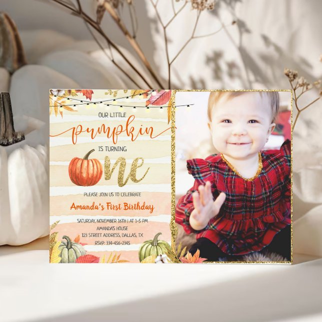 Gold Pumpkin Fall Orange First Birthday Invitation (Creator Uploaded)