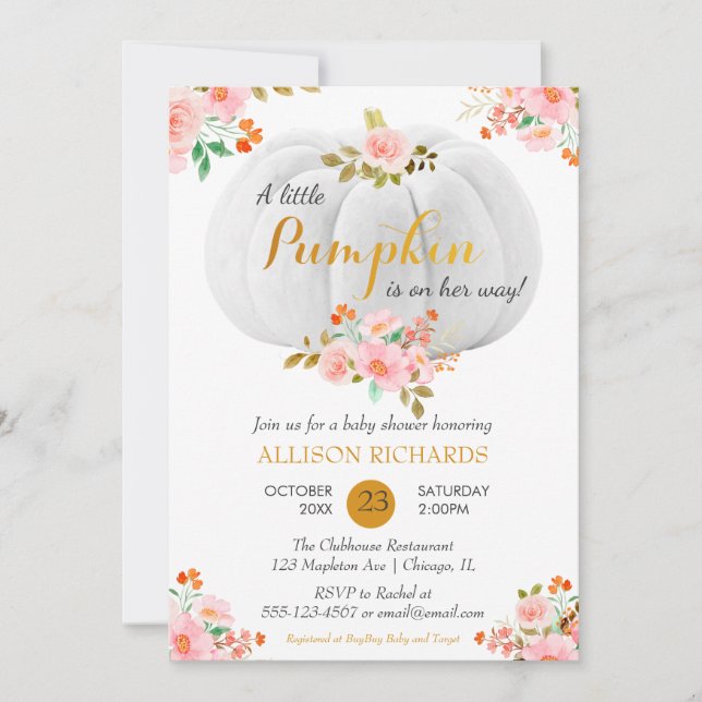 Gold Pumpkin Fall Pink Floral Baby Shower Invitation (Front)