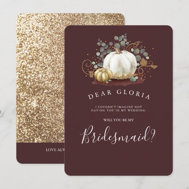 Gold Pumpkin Fall Wedding Bridesmaid Proposal Invitation (Front/Back)