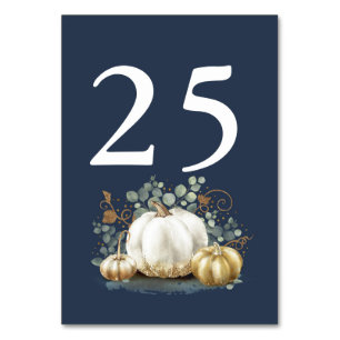 Gold Pumpkin Fall Wedding Table Number Navy Blue