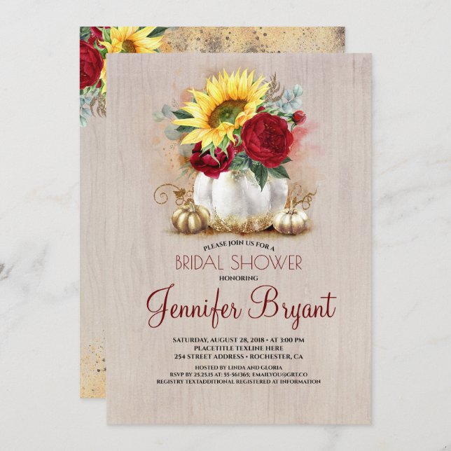 Gold Pumpkin Floral Vase Rustic Fall Bridal Shower Invitation (Front/Back)