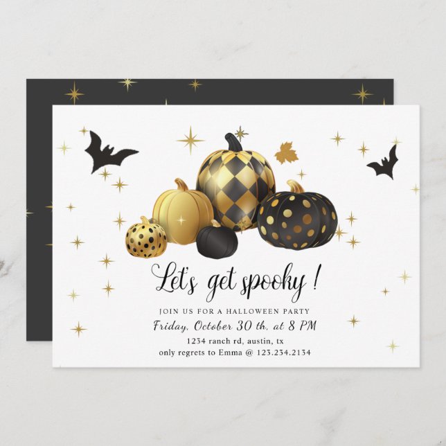 Gold Pumpkin Let's Get Spooky Halloween Party Invitation (Front/Back)