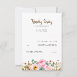 Gold Pumpkin Pink Floral Vase Fall Wedding RSVP Card