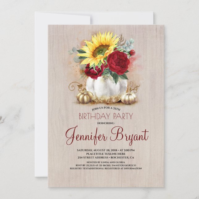 Gold Pumpkin Red Floral Vase Rustic Fall Birthday Invitation (Front)