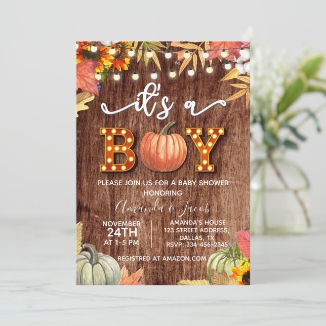 Gold Pumpkin Rustic It's A Boy Baby Shower Invitation (Standing Front)