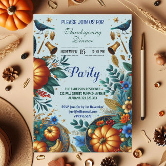 Gold Pumpkins Blue Bird Thanksgiving Dinner Party  Invitation
