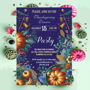 Gold Pumpkins Botanical Thanksgiving Dinner Party  Invitation