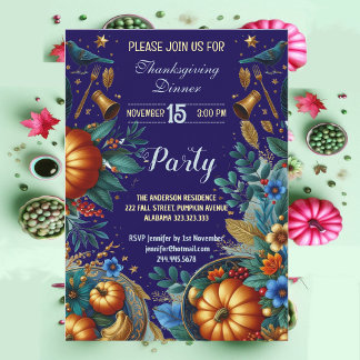 Gold Pumpkins Botanical Thanksgiving Dinner Party  Invitation