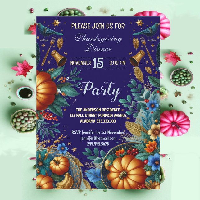 Gold Pumpkins Botanical Thanksgiving Dinner Party  Invitation (Gold Pumpkins Botanical Thanksgiving Dinner Party Invitation)