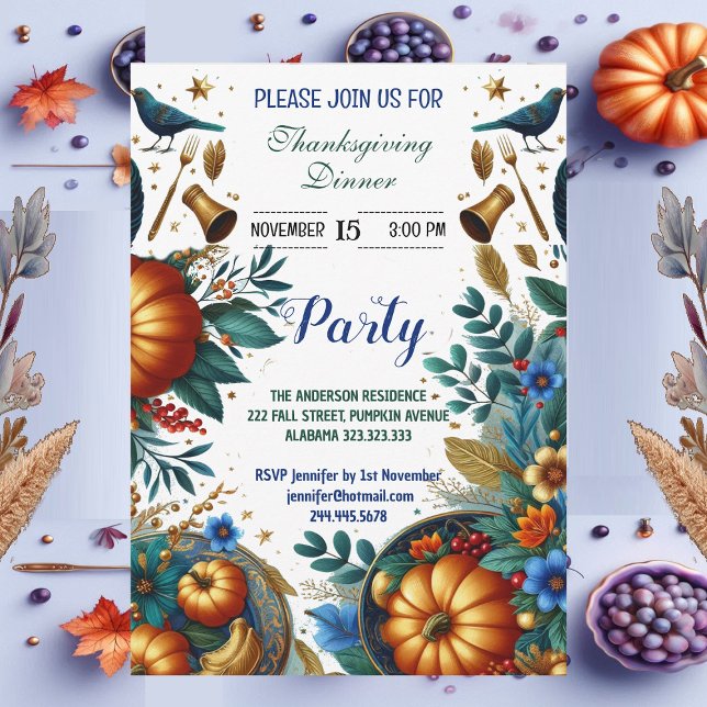Gold Pumpkins Botanical Thanksgiving Dinner Party  Invitation (Gold Pumpkins Botanical Thanksgiving Dinner Party Invitation)