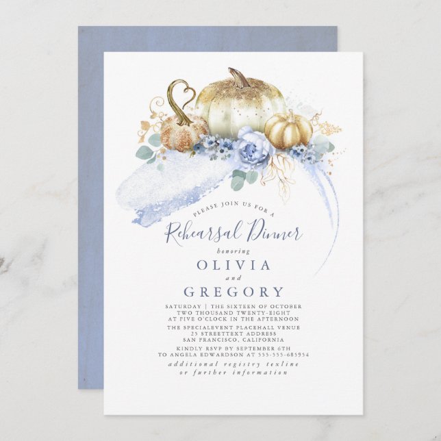 Gold Pumpkins Dusty Blue Fall Rehearsal Dinner Invitation (Front/Back)