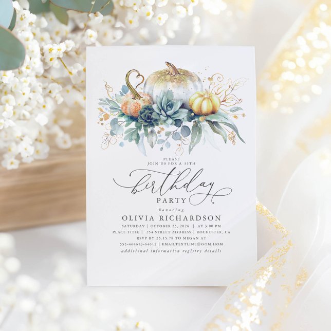 Gold Pumpkins Succulents Greenery Fall Birthday Invitation (Pumpkins and Greenery Birthday Invitation)