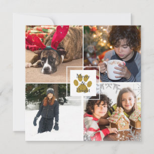 Gold Puppy Paw Christmas Holiday 4 Photo Custom Card