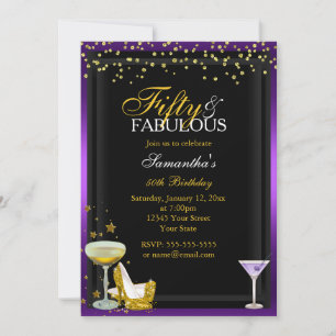 Gold & Purple 50 & Fabulous Birthday Invitation