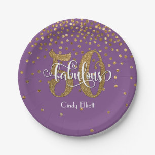 Gold Purple 50 & Fabulous Typography Birthday Paper Plate