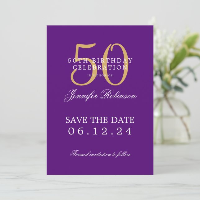 Gold Purple 50th Birthday Save the Date  Invitation (Standing Front)
