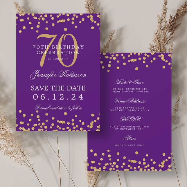 Gold Purple 70th Birthday Save the Date Details Invitation (Gold Purple 70th Birthday Save the Date Details Invitation)