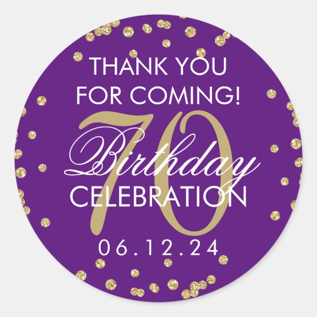 Gold Purple 70th Birthday Thank You Glitter Classic Round Sticker (Front)