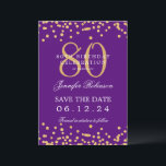 Gold Purple 80th Birthday Save the Date Details Invitation<br><div class="desc">Elegant "70th Birthday Party" design with faux glitter confetti & details text. Easy to use and easy to personalise. Order Today!</div>