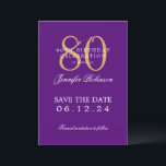Gold Purple 80th Birthday Save the Date  Invitation<br><div class="desc">Elegant "80th Birthday Party" design with a formal typography script,  custom name,  and detailed text. Easy to use and easy to personalise. Order Today!</div>