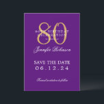 Gold Purple 80th Birthday Save the Date  Invitation<br><div class="desc">Elegant "80th Birthday Party" design with a formal typography script,  custom name,  and detailed text. Easy to use and easy to personalise. Order Today!</div>