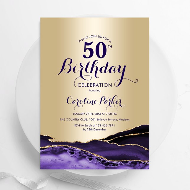 Gold Purple Agate 50th Birthday Invitation (Creator Uploaded)