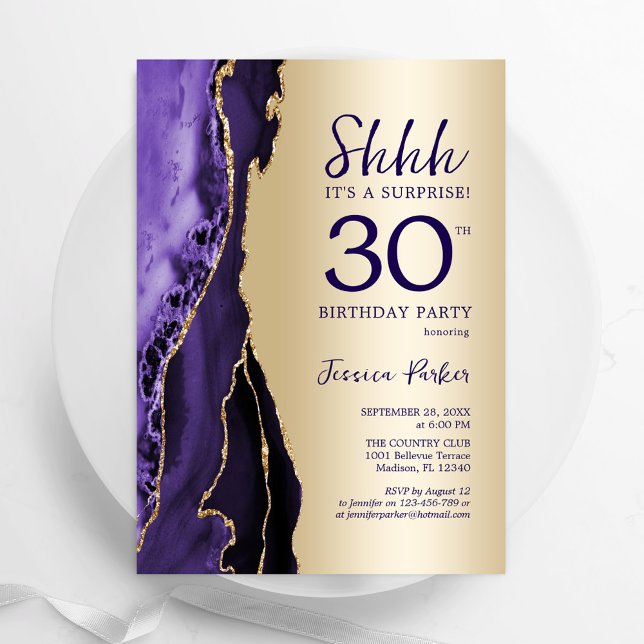 Gold Purple Agate Surprise 30th Birthday Invitation (Creator Uploaded)
