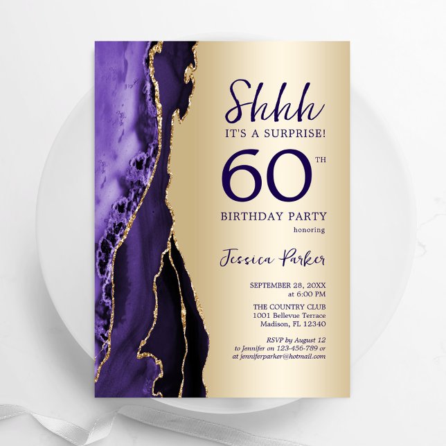 Gold Purple Agate Surprise 60th Birthday Invitation (Creator Uploaded)