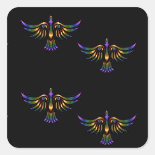 Gold, purple and green abstract bird on black square sticker