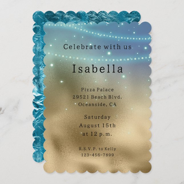 Gold Purple Aqua Sparkle Glitzy Mermaid Birthday Invitation (Front/Back)