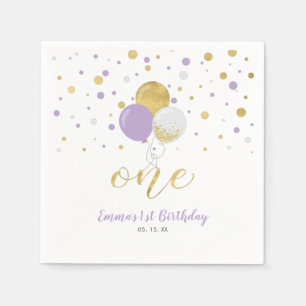 Gold & Purple Balloons, Confetti Girl 1st Birthday Napkin