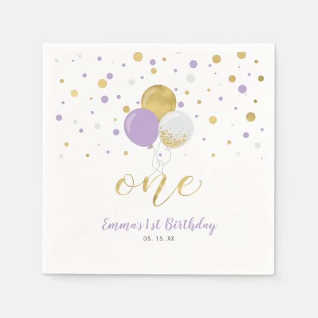 Gold & Purple Balloons, Confetti Girl 1st Birthday Napkin (Front)