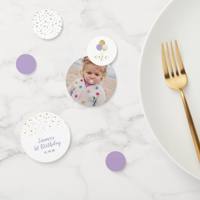Gold & Purple | Balloons Girl 1st Birthday Party Confetti (Group)