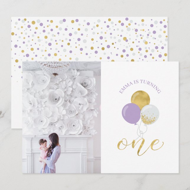 Gold & Purple Balloons | Girl 1st Birthday Party Invitation (Front/Back)