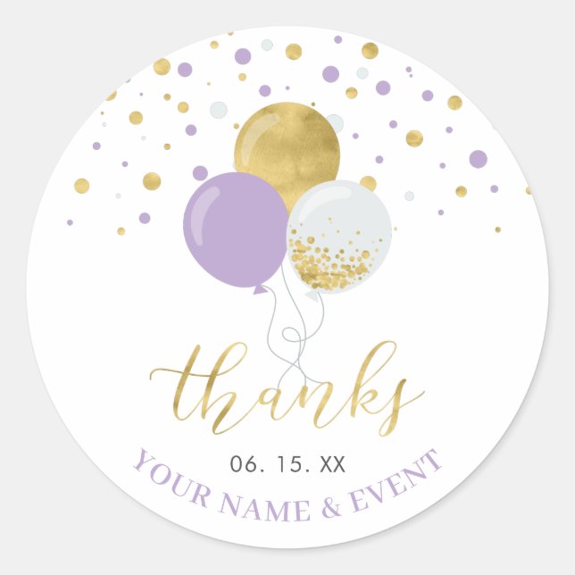 Gold & Purple Balloons | Party Favour Thank you Classic Round Sticker (Front)