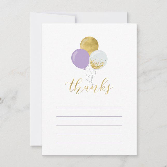 Gold & Purple Balloons | Party Thank You Note Card (Front)