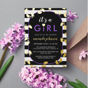 Gold Purple Black It's A Girl Baby Footprints