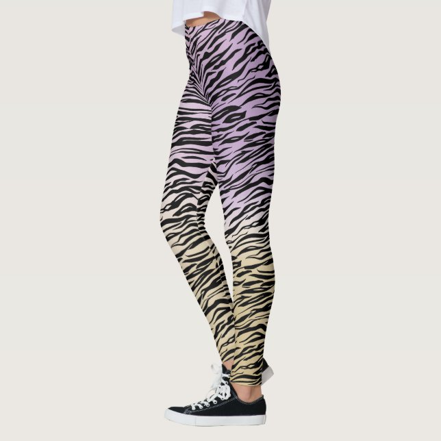 Gold Purple Black Zebra Print Watercolor Ombre Leggings (Left)