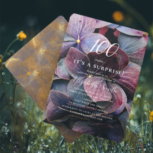 Gold Purple Blue Hydrangea Surprise 100th Birthday Invitation