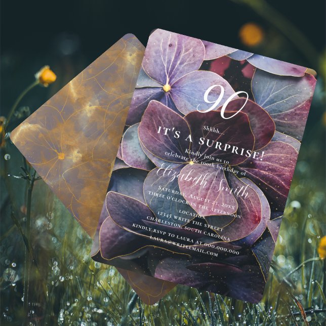 Gold Purple Blue Hydrangea Surprise 90th Birthday Invitation (Creator Uploaded)
