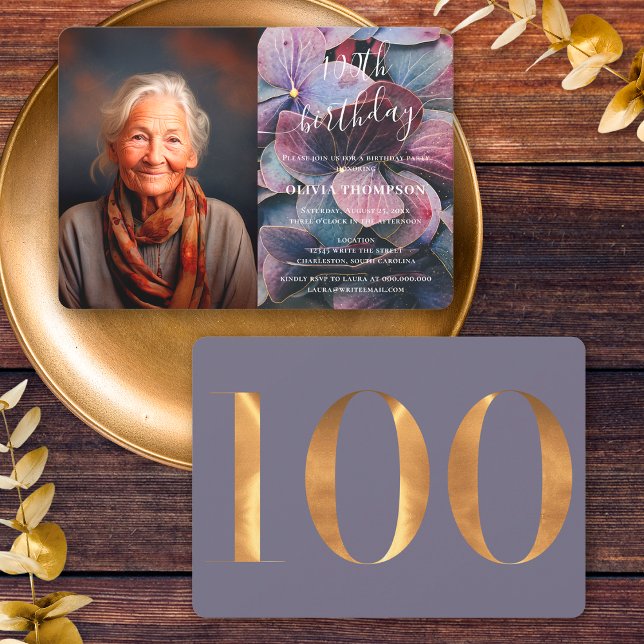 Gold Purple Blue Hydrangeas 100th Birthday Photo Invitation (Front / Back)