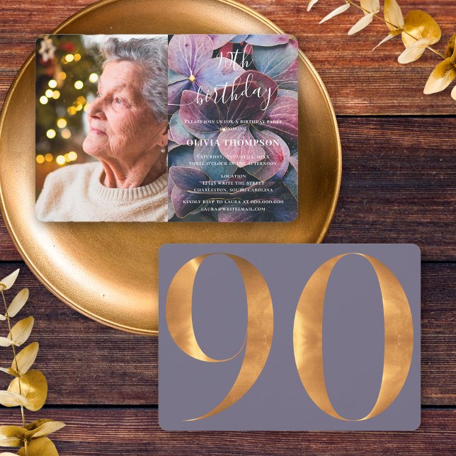 Gold Purple Blue Hydrangeas 90th Birthday Photo Invitation (Front / Back)