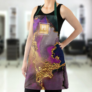 Gold purple blue salon monogram agate watercolor apron