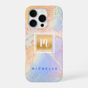 Gold purple blue watercolor modern monogram name  iPhone 16 pro case