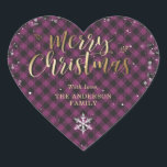 Gold Purple Buffalo Plaid Snowflake Christmas Heart Sticker<br><div class="desc">Beautiful custom gold and purple buffalo plaid Merry Christmas stickers featuring a gold calligraphy title and snowflakes on a purple buffalo plaid background. Easily personalise these purple and black chequered Christmas heart stickers.</div>