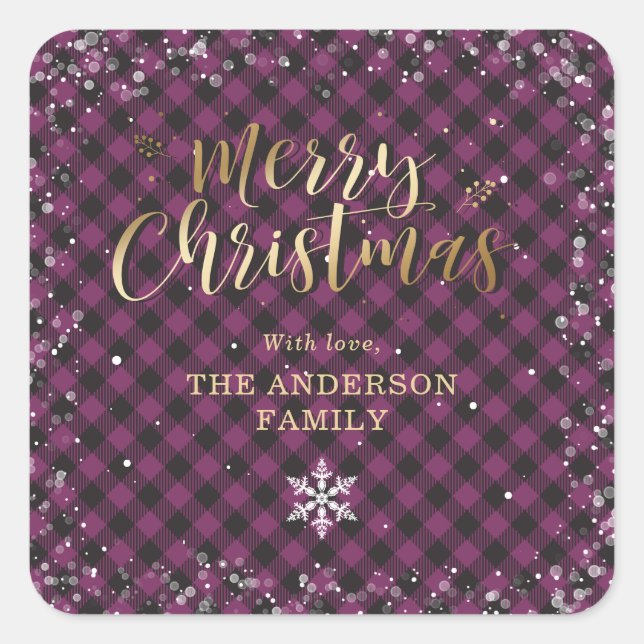 Gold Purple Buffalo Plaid Snowflake Christmas Square Sticker (Front)