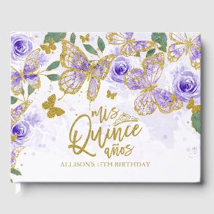 Gold Purple Butterfly Floral Quinceanera Guest Book