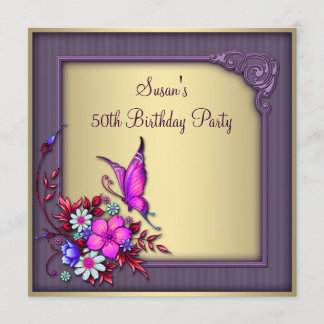 Gold Purple Butterfly Womans 50th Birthday Party Invitation